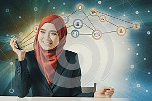 Portrait of Asian business woman using mobile phone over abstract double exposure background