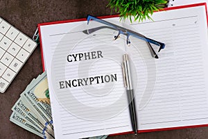 The concept of technology . The conceptual text of CYPHER ENCRYPTION It is written in a business book in a composition photo