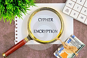 The concept of technology and development. The CYPHER ENCRYPTION concept phrase through a magnifying glass on a white photo