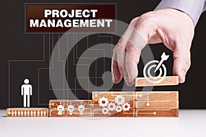The concept of technology, the Internet and the network. Businessman shows a working model of business: Project management