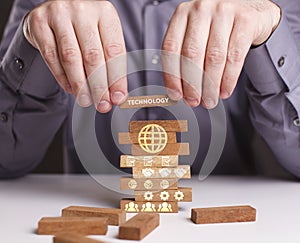 The concept of technology, the Internet and the network. Businessman shows a working model of business: Technology