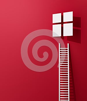 Concept template. Stairway to the window on a red background. 3d render