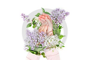 Concept of tenderness, skin care, woman hold flower in hand
