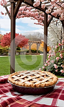 Thanksgiving Pie On A Blanket Under A Blossom-Covered Pergol. Generative AI