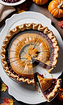 Thanksgiving Pie With A Slice Missing, Revealing The Fillin. Generative AI photo