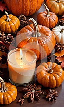 Thanksgiving Scented Candles With Pumpkin Spice Arom. Generative AI photo