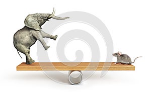 Concept of things importance. Elephant and mouse balanced on a seesaw photo