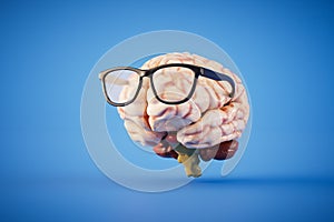 The concept of thinking about ideas. Brain with glasses on a blue background. 3D render