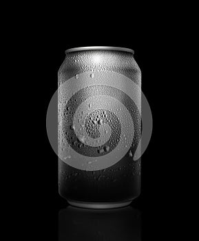 Concept of thirst and quenching thirst. metal can with cola or beer. Drops of condensation on the surface