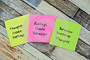 Concept of Thoughts Create Feeling - Feelings Create Behavior - Behavior Reinforce Thoughts circle write on sticky notes isolated