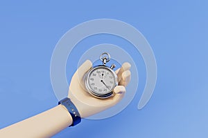 the concept of time constraints. stopwatch in hand on a blue background. 3D render