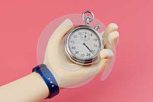 the concept of time constraints. stopwatch in hand on a pastel background. 3D render