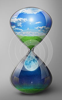Concept of time. The hourglass depicts the change of day and night.