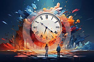 Concept of time management with man and big clock. Generative AI.