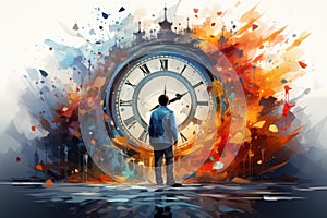 Concept of time management with man and big clock. Generative AI.