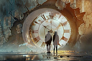 Concept of time passing. Apocalyptic image of a couple looking at the clock. Losing time. AI Generated