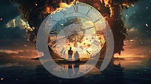 Concept of time passing. Apocalyptic image of mother and her son looking at the clock. Minutes slip away. AI Generated