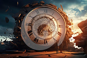 Concept of time passing. Apocalyptic image of a people looking at the clock. Losing time. AI Generated