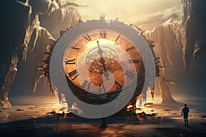 Concept of time passing. Apocalyptic image of a traveler looking at the clock. Losing time. AI Generated