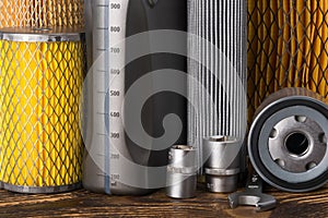 Concept of tool and consumables for car maintenance, background photo
