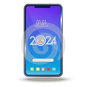 Concept of touch screen smartphone in new year 2024, interface elements on screen icons and isolated buttons on white background,