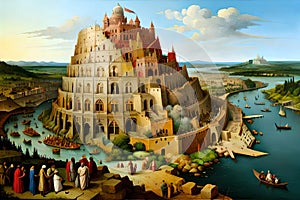 The Tower Of Babel, In The Style Of Bruegel -. Generative AI photo