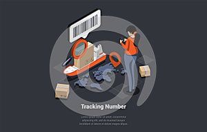 Concept Of Tracking Number, Post Service Tracking And Parcel Localisation. Girl Checking Maritime Parcel Status