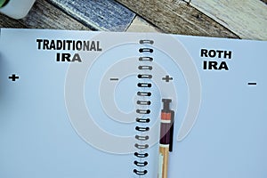 Concept of Traditional IRA and Roth IRA write on book isolated on Wooden Table