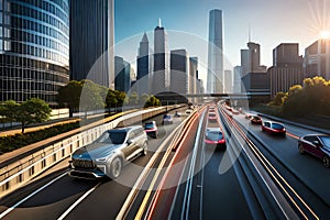 Traffic Jam In The City. Traffic Jam On The Highway. Modern, Futuristic Cars. Generative AI