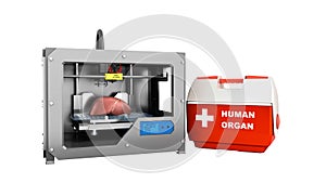 concept of transplantation process of creating human organs using 3D printer illustration isolated on white no shadow