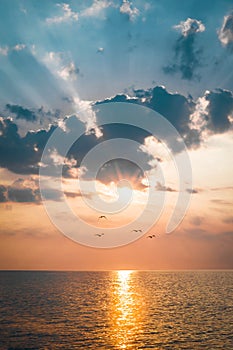 The concept of travel and rest at the seaside, sea waves on the background of the shoreline and sunset