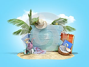 Concept of travel and tourism blue plate attractions and red suitcase for travel on the sand 3D illustration on blue gradient