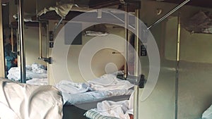 Concept travel train wagon journey interior. economy wagon railway view from inside indoors. Railway interior passenger