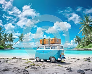 concept of travelling is a suitcase beach sea palm trees minivan.