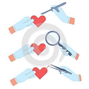 Concept of treating heart pain, gloved hands with scalpel, magnifying glass and tweezers. Heartbroken in romantic