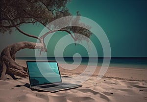 concept tree computer travel tropical summer beach laptop vacation palm. Generative AI.