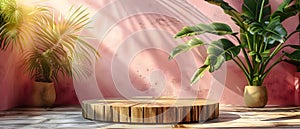 Concept Tropical Display, Wooden Tropical Showcase Wooden Display with Lush Palms Pink Hue