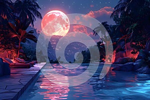 Concept Tropical Setting, Poolside Vibes, Evening Tropical Poolside Evening with Crimson Moon