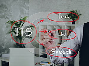 Concept about TTS Text to Speech . Interior of modern business office on an background photo