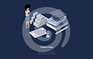 Concept Of Tuition Fees. Tiny Cartoon Character Near Stack Of Banknotes, Contract, Books, Graduation Hat, Pencil