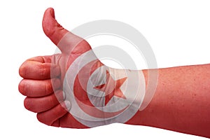 The concept of Tunisia-the hand gives a thumbs up with the flag of Tunisia photo