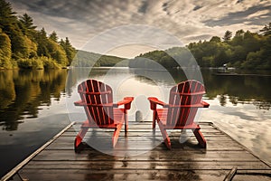 Two red adirondack chairs on a wooden dock on a lake. Generative AI