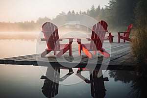 Two red adirondack chairs on a wooden dock on a lake. Generative AI