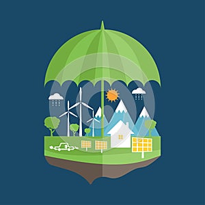 Concept of umbrella and earth with icons of ecolog