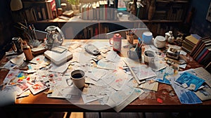 Concept of Uninspired Workspace: An office desk cluttered with disorganized papers and empty coffee cups, representing a