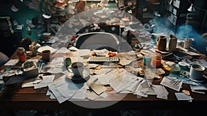 Concept of Uninspired Workspace: An office desk cluttered with disorganized papers and empty coffee cups, representing a