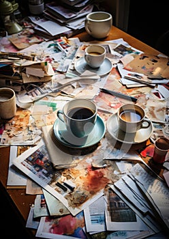 Concept of Uninspired Workspace: An office desk cluttered with disorganized papers and empty coffee cups, representing a