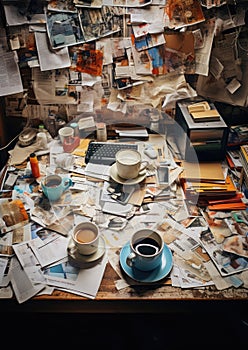 Concept of Uninspired Workspace: An office desk cluttered with disorganized papers and empty coffee cups, representing a
