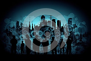 Universal technology wallpaper with abstract backdrop gears idea and business peoples silhouettes on a cityscape. Generative AI