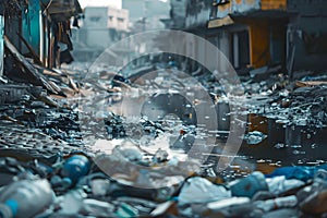Concept Urban Cities in Ruins Garbage, Abandoned Buildings, Polluted Oceans, and Plastic Waste